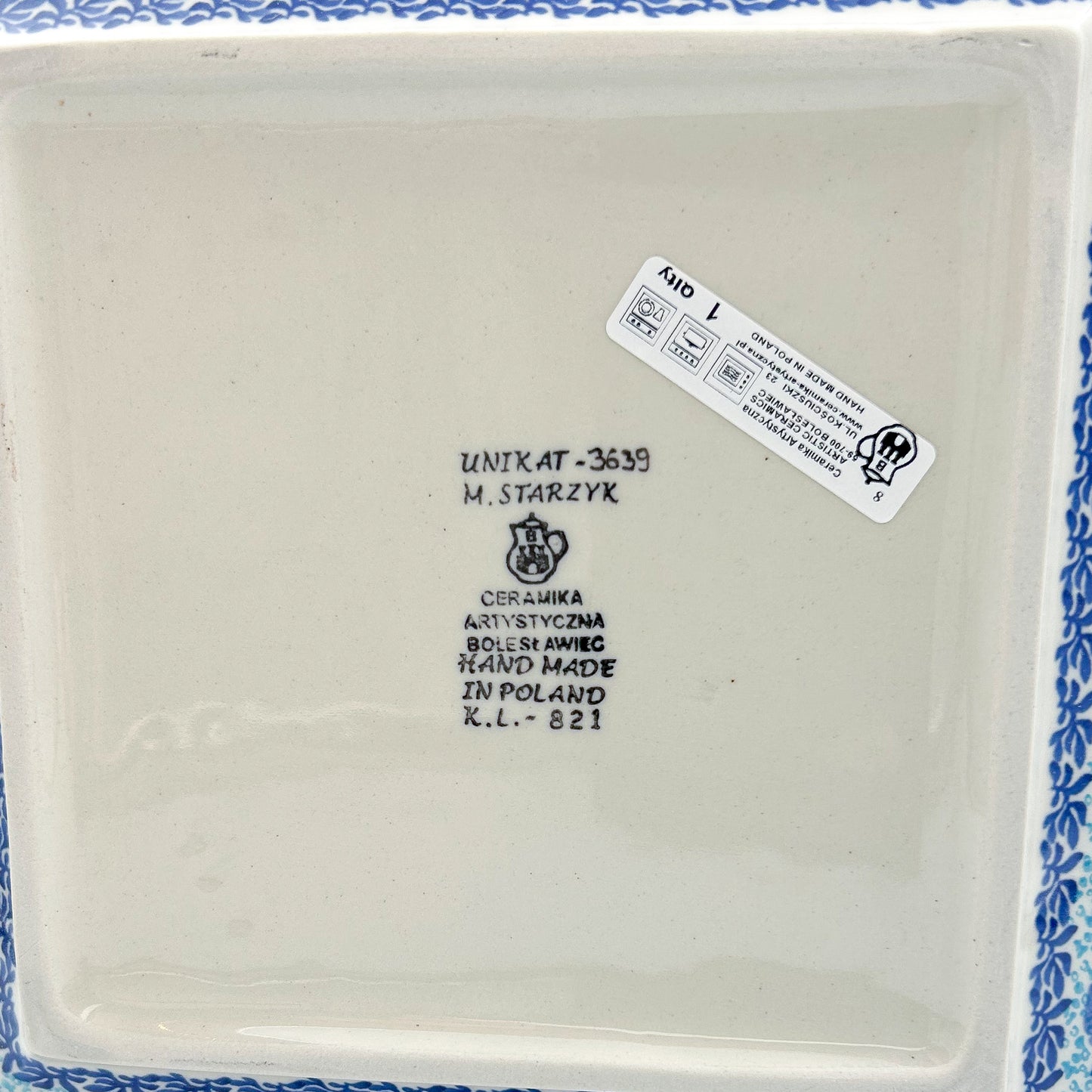 10” Square Plate.  Hand crafted Polish pottery stoneware: UNIKAT Deep Winter Pattern