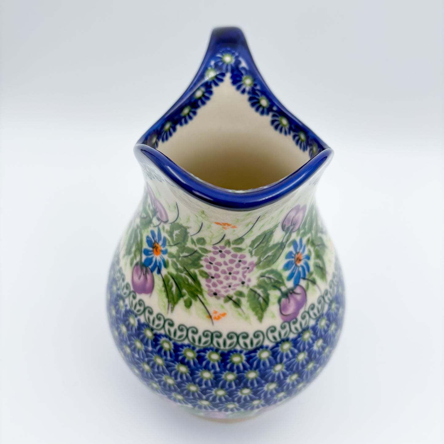 37 oz. Pitcher.  Hand painted Polish pottery stoneware.  UNIKAT Floral Garden