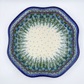 UNIKAT Whispering Ferns Clover platter, top-down view of clover-shaped platter with fern spray border and blue dotted center