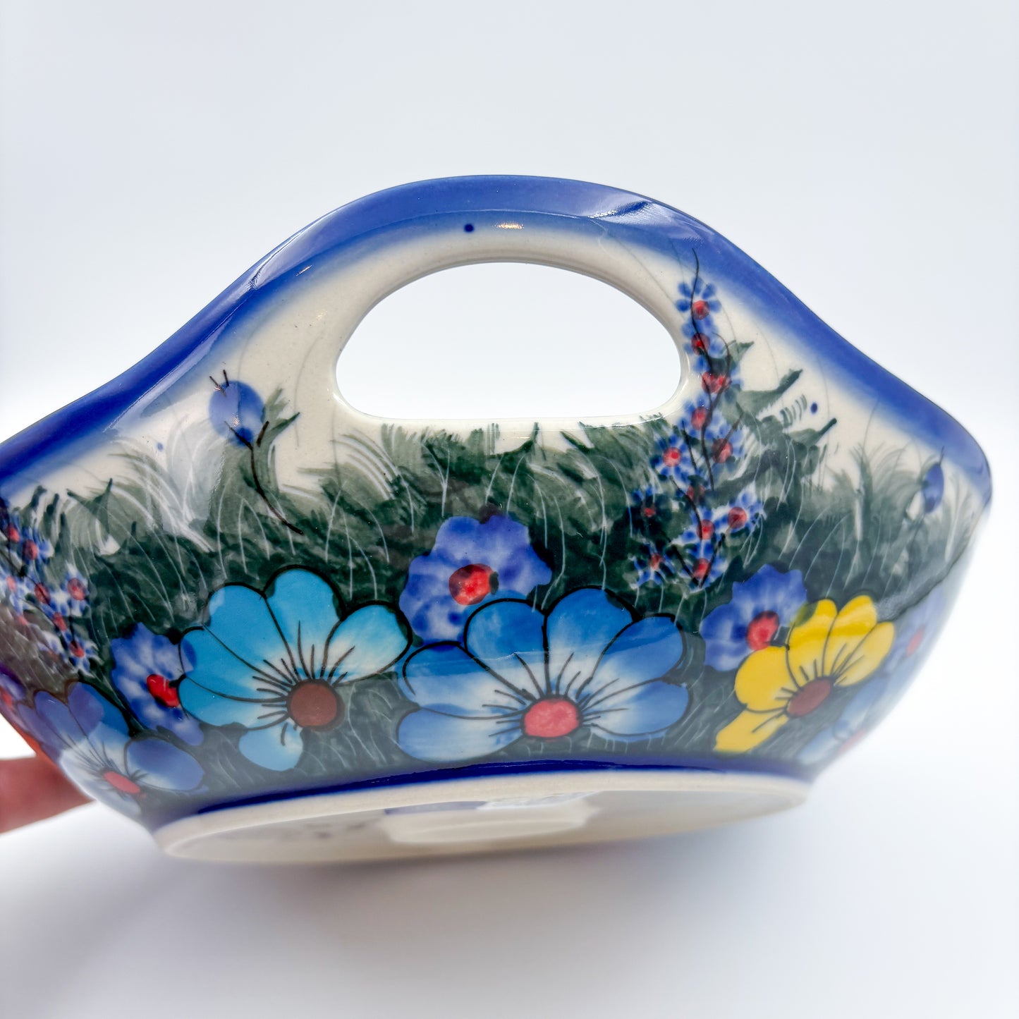 10" Bowl with Handles. Hand crafted Polish pottery stoneware:  UNIKAT Forget Me Not Pansy Pattern
