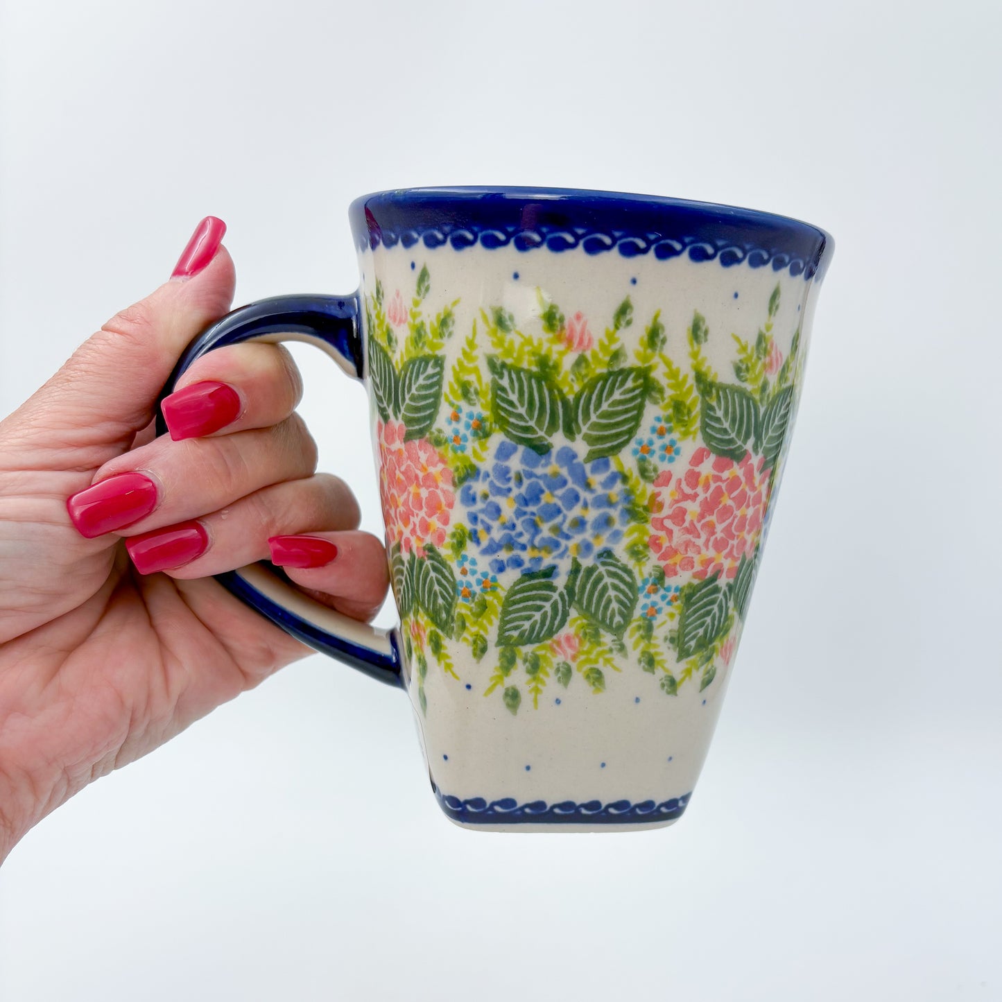 Mug XL 18oz. Handcrafted Polish pottery stoneware:  UNIKAT Hydrangea Fields