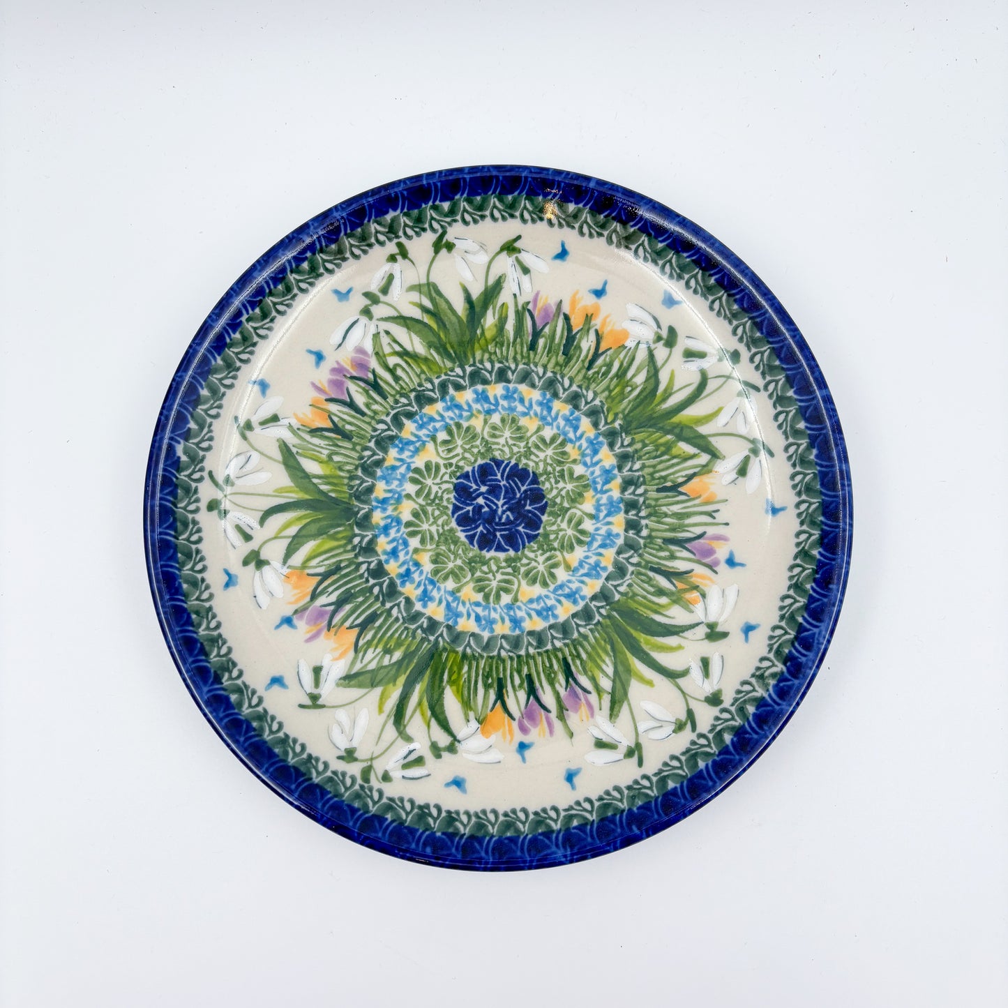 7.5” Plate.  Hand crafted Polish pottery stoneware: UNIKAT Snowdrop Garden