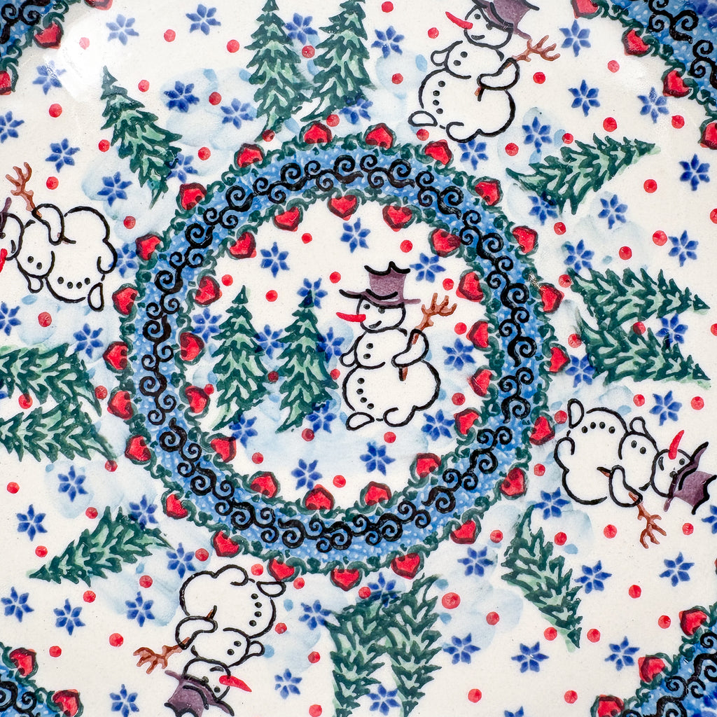 9” Plate.  Hand crafted Polish pottery stoneware: UNIKAT Dancing Snowman