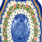 UNIKAT Mushroom Pattern Lodka bowl with handles, top-down close-up of oval blue dotted well and mushroom wreath