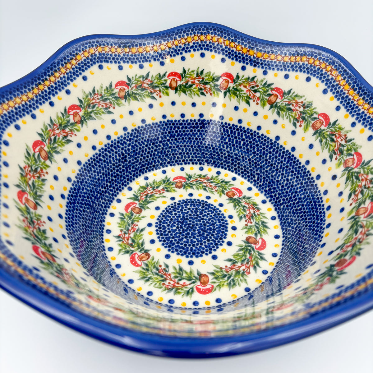 13” Wavy Bowl XL.  Hand crafted Polish pottery stoneware:  UNIKAT Holiday Mushroom Design