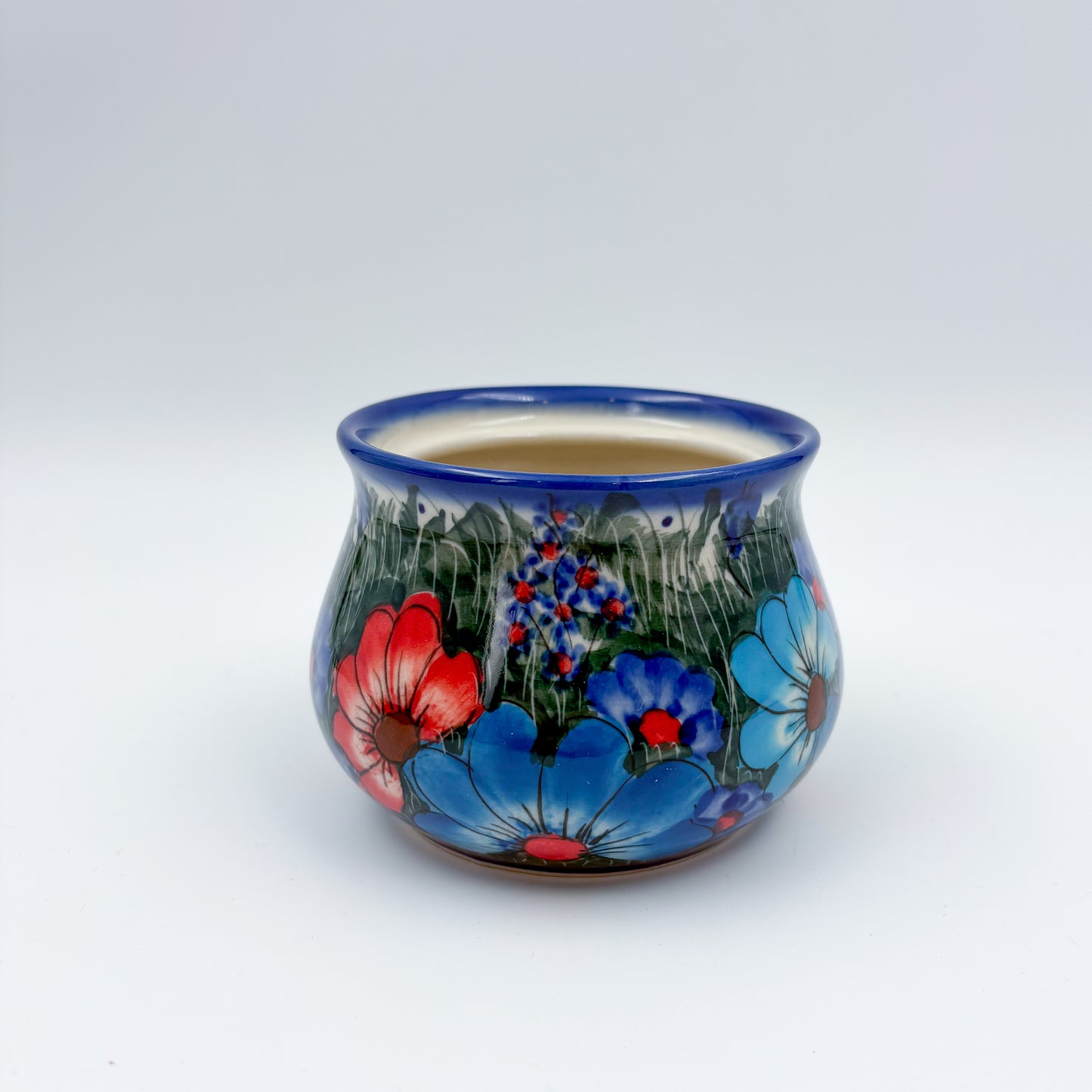 Sugar Bowl and spoon.  UNIKAT Forget Me Knot Pansy Pattern