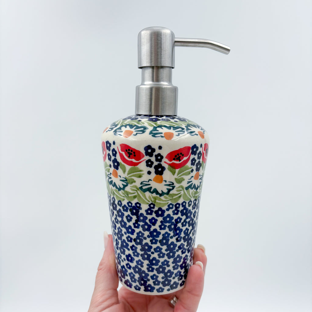 Soap Dispenser 8"  Handmade Polish pottery.  UNIKAT Poppy Bouquet