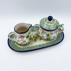 10" Cream and Sugar Set (with small spoon).  UNIKAT Hidden Pansy Design