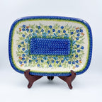 UNIKAT Bluebell Meadow large Daria platter, front view on stand showing bluebell flowers and bees around mosaic center