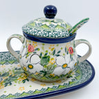 10" Cream and Sugar Set (with small spoon).  UNIKAT Hidden Pansy Design