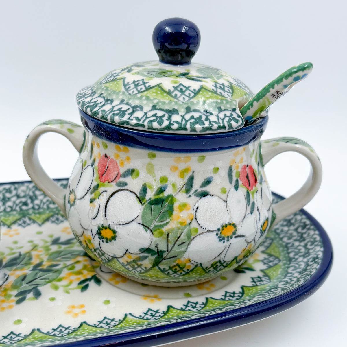10" Cream and Sugar Set (with small spoon).  UNIKAT Hidden Pansy Design