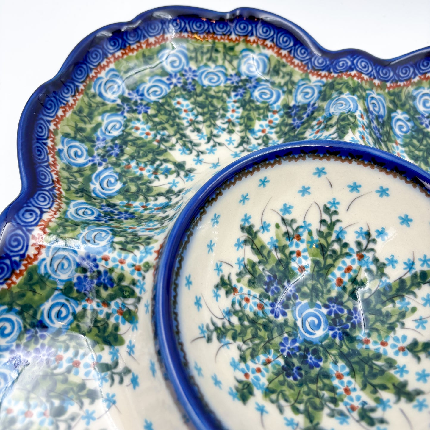 11" Divided Platter with Center Bowl.  Hand crafted Polish pottery stoneware: UNIKAT Whispering Ferns