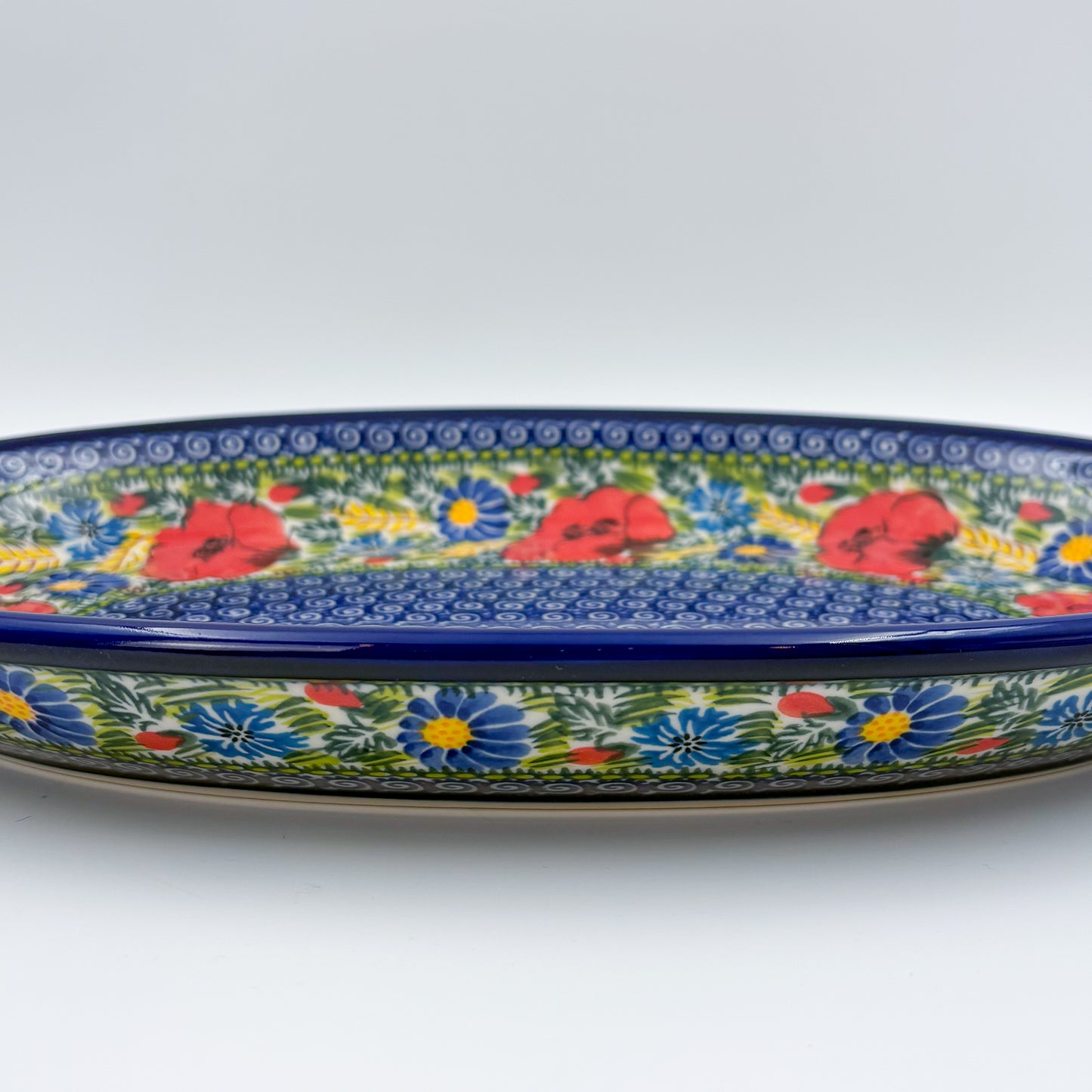 14" Oval Platter  Hand crafted Polish pottery stoneware: UNIKAT Garden Poppy Design