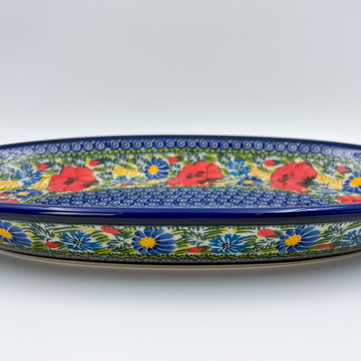 14" Oval Platter  Hand crafted Polish pottery stoneware: UNIKAT Garden Poppy Design
