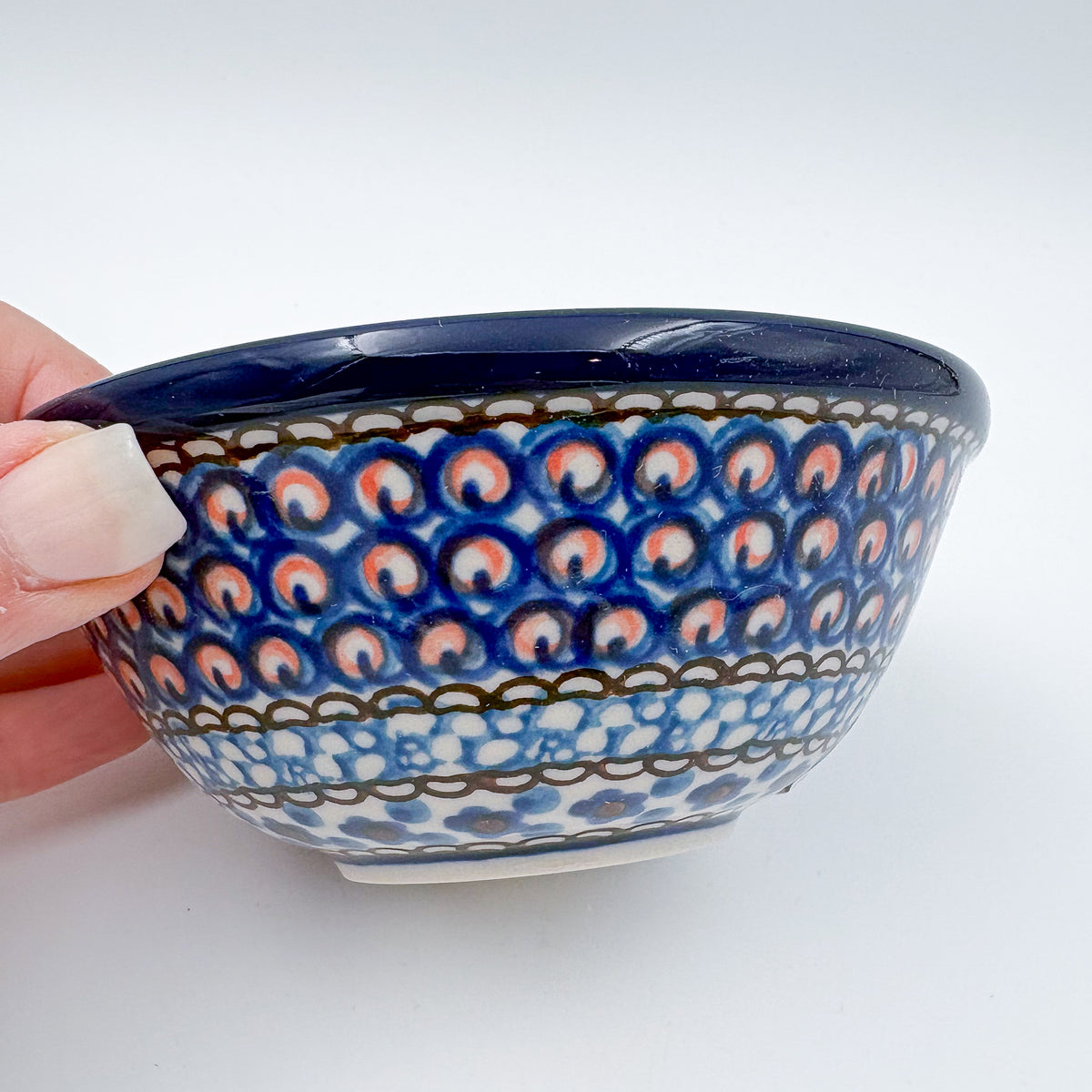 5” Bowl.  Hand crafted Polish pottery stoneware: UNIKAT Cobalt Poppies Design