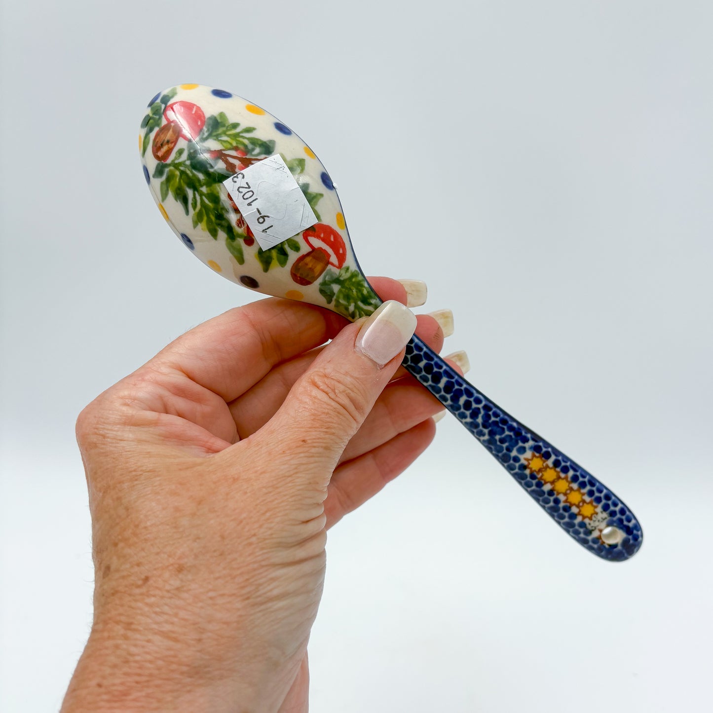 Spoon Lg 8”.  Handmade Polish pottery. UNIKAT Mushroom and Holly