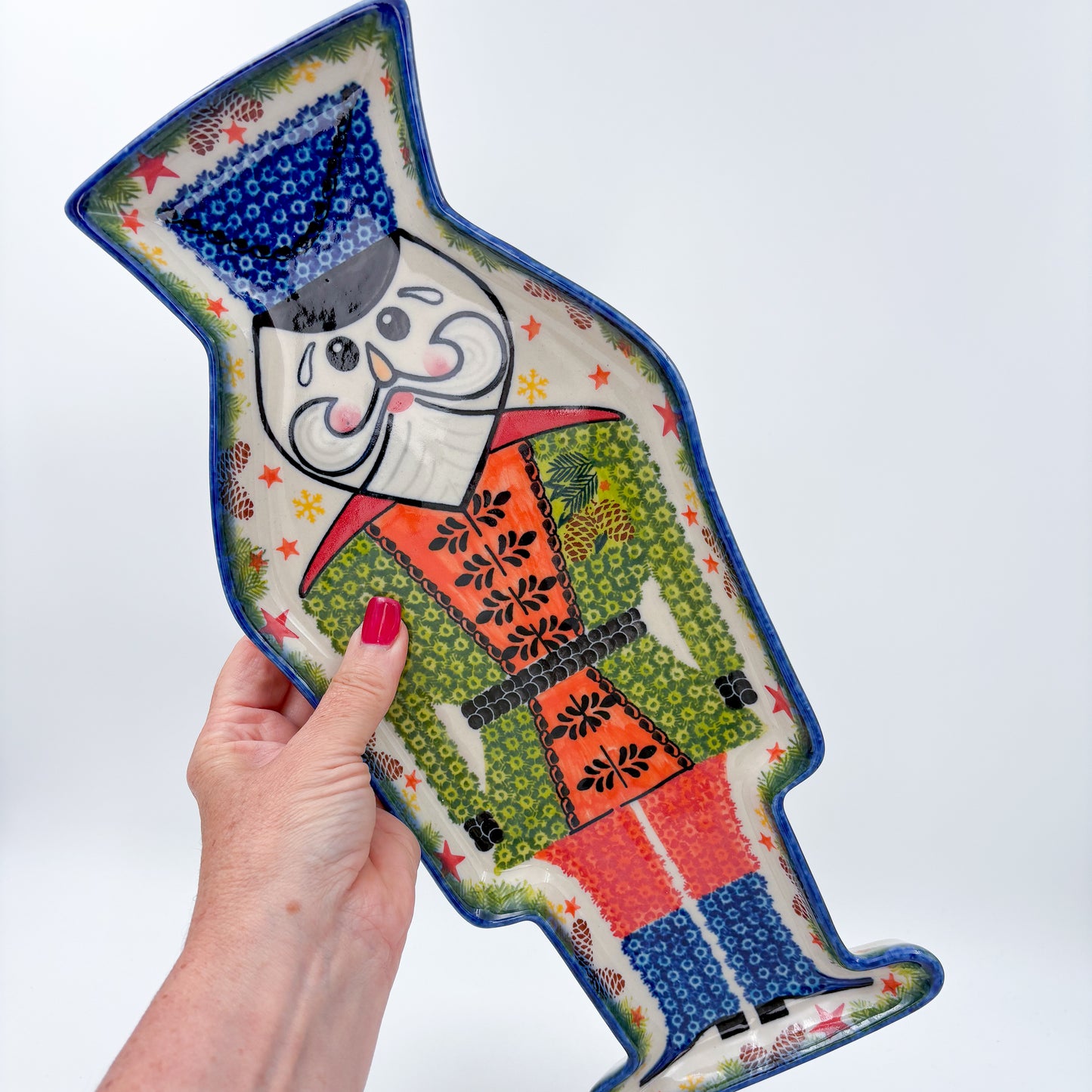 14 inch Nutcracker Platter. Handmade Polish pottery.  UNIKAT Green Nutcracker