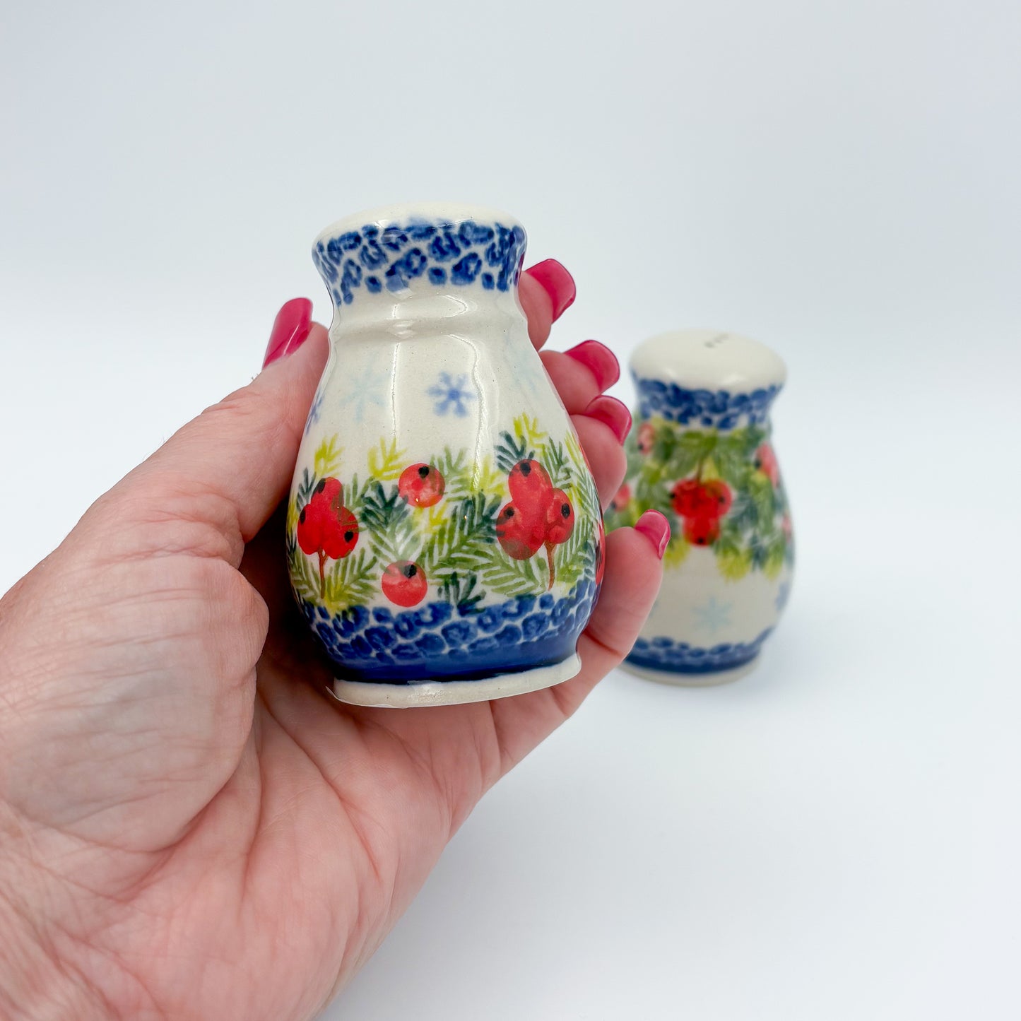 3“ Salt and Pepper Shakers.  Handmade Polish pottery.  UNIKAT Cherry Blossom