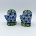 Mitten Salt and Pepper Shakers.  Handmade Polish pottery.  UNIKAT Blue Snowflakes