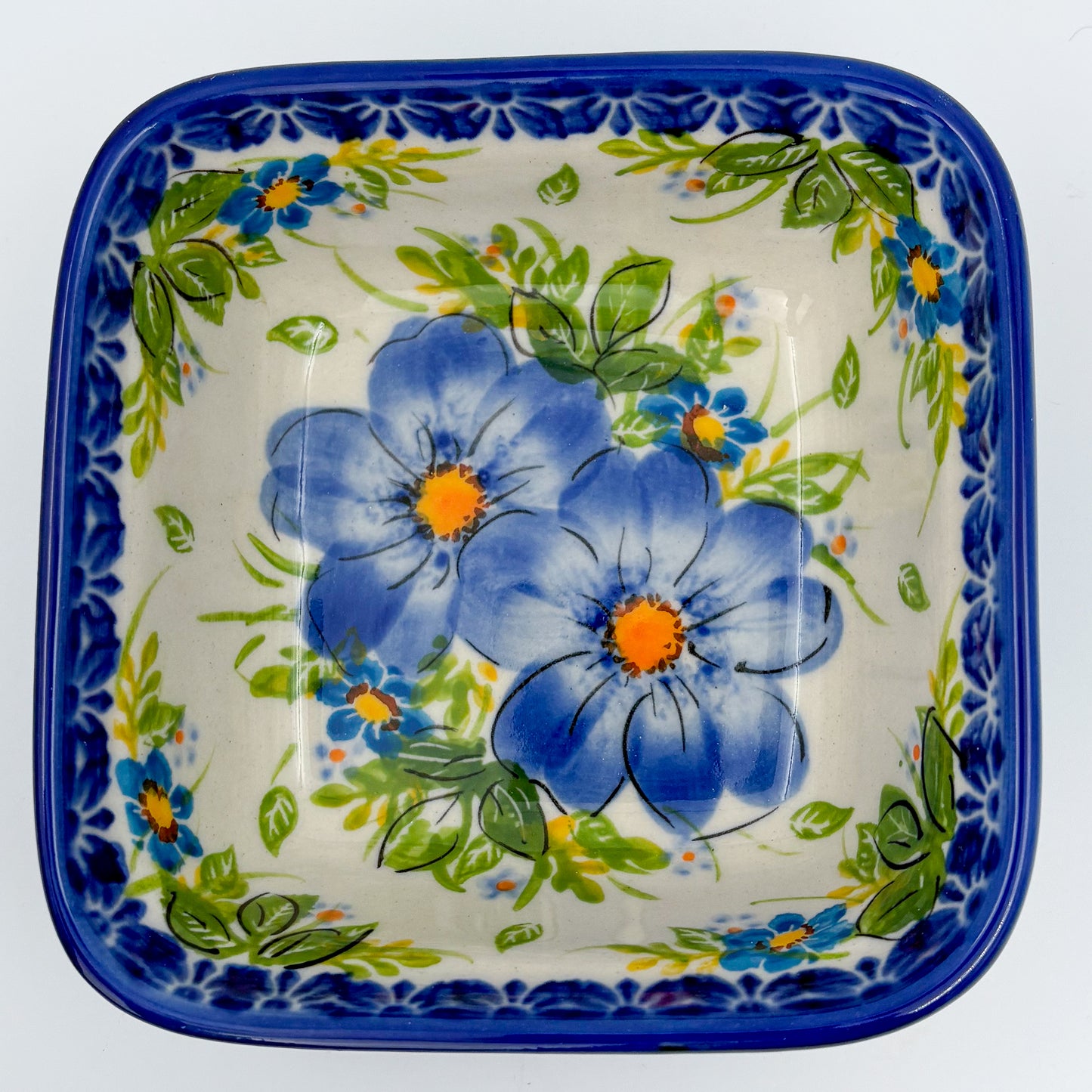 5” Square Bowl.  Hand crafted Polish pottery stoneware:   Unikat Blue Daisy