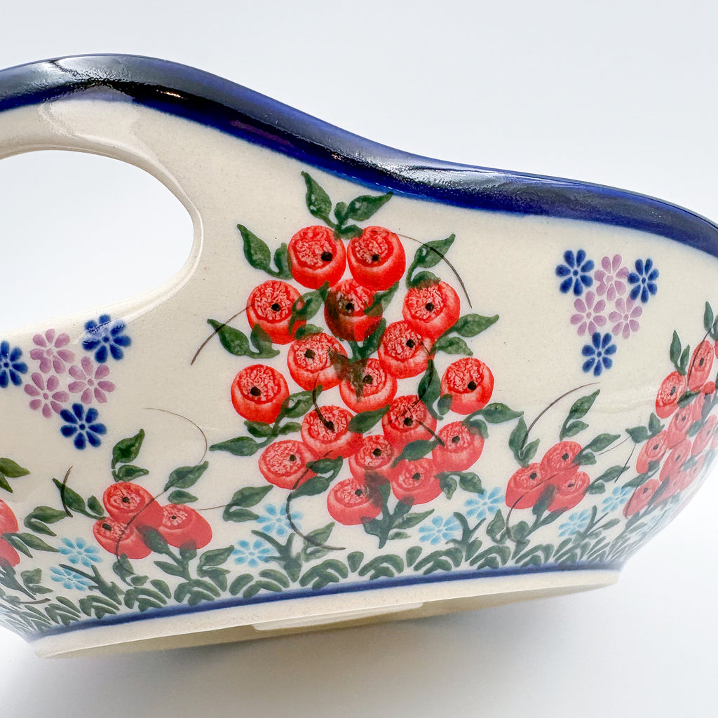 10" Bowl with Handles.  Hand crafted Polish pottery stoneware:  UNIKAT Red Berry Pattern
