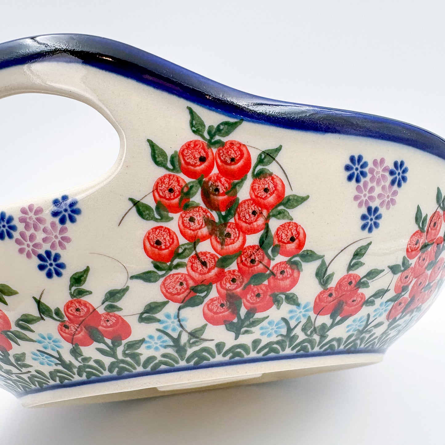 10" Bowl with Handles.  Hand crafted Polish pottery stoneware:  UNIKAT Red Berry Pattern