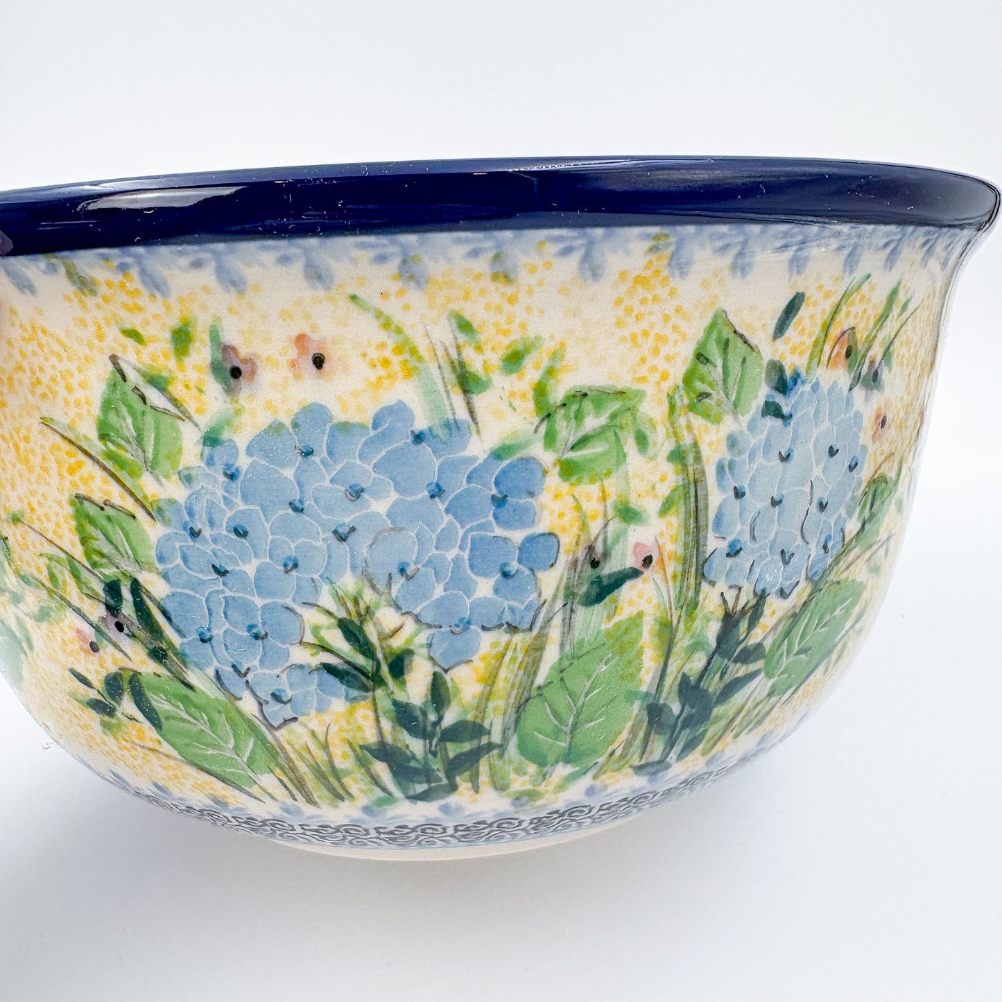 9” Serving Bowl.  Hand crafted Polish pottery stoneware: UNIKAT Blue Hydrangea Design