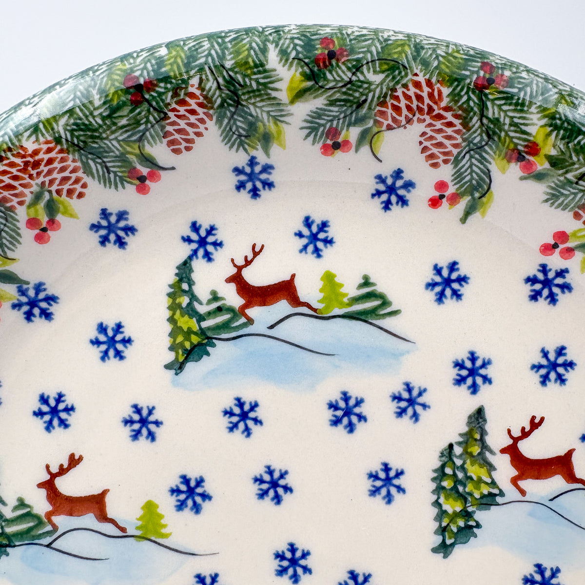 10.2” Plate.  Hand crafted Polish pottery stoneware: UNIKAT Holiday Reindeer