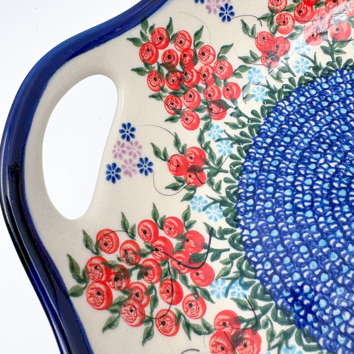 10" Bowl with Handles.  Hand crafted Polish pottery stoneware:  UNIKAT Red Berry Pattern