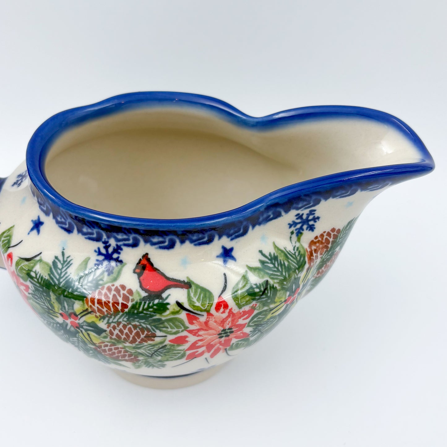 18 oz Loop Handle Gravy Dish.  Hand painted Polish pottery stoneware.  UNIKAT Cardinal Winter