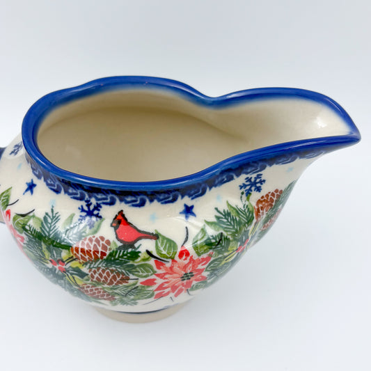 18 oz Loop Handle Gravy Dish.  Hand painted Polish pottery stoneware.  UNIKAT Cardinal Winter