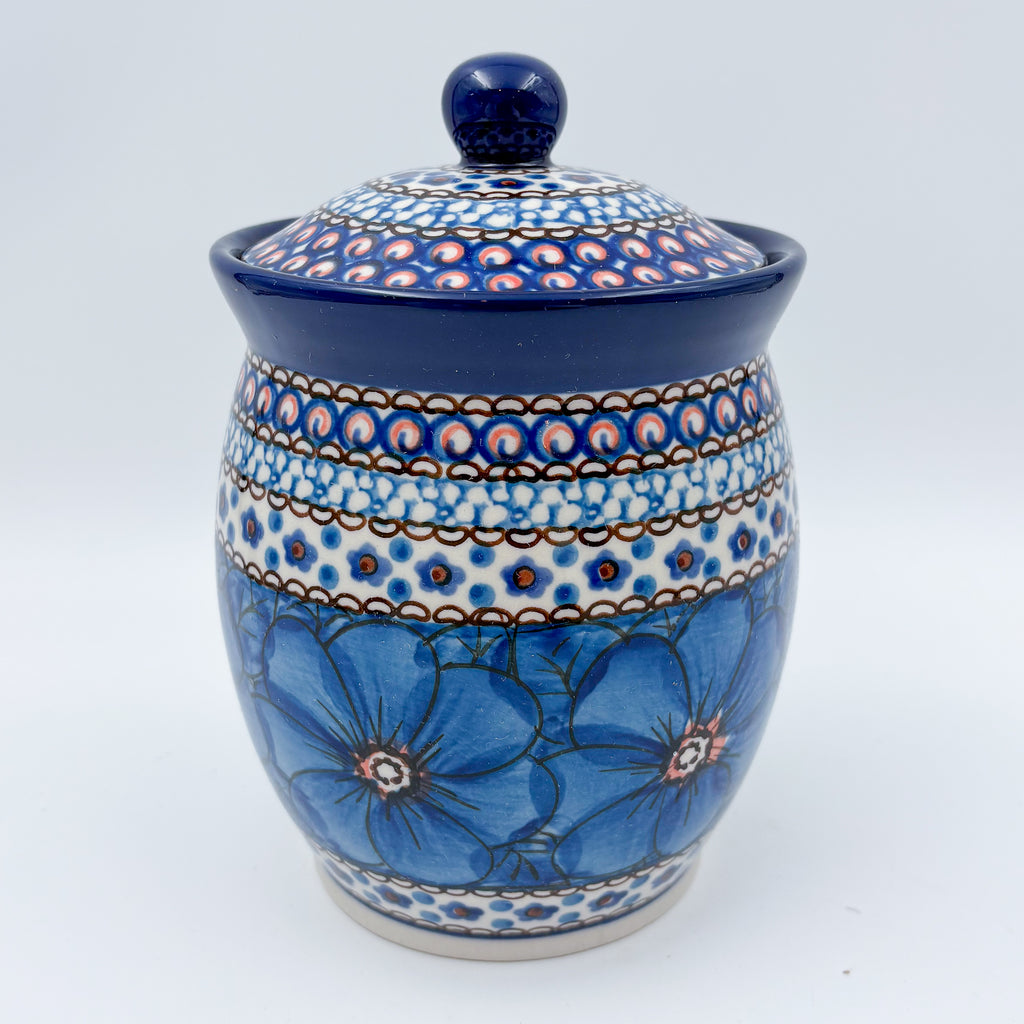 6" Lidded Jar.  Handmade Polish pottery.  UNIKAT Cobalt Poppies Design