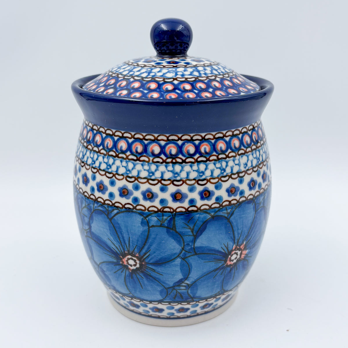 6" Lidded Jar.  Handmade Polish pottery.  UNIKAT Cobalt Poppies Design