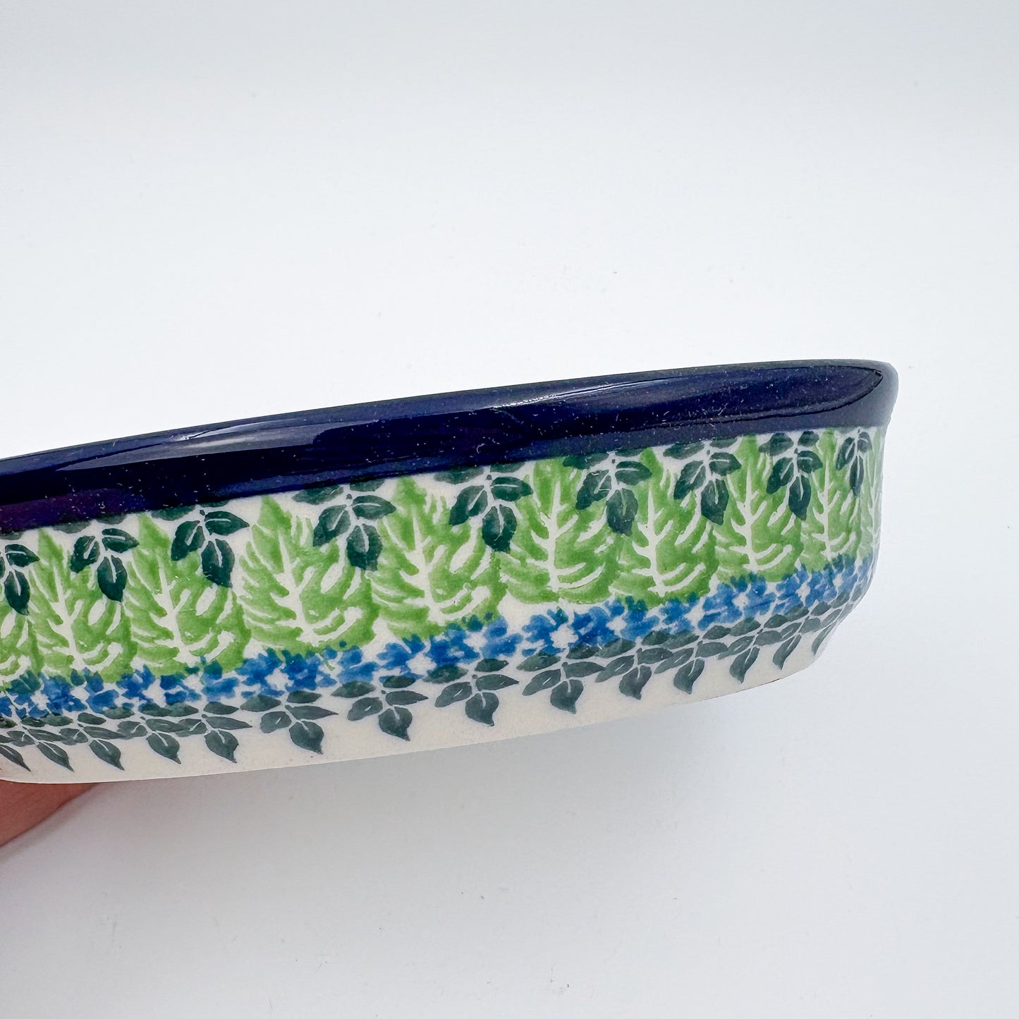 6” Oval Bowl.  Hand crafted Polish pottery stoneware:  UNIKAT Lime Bouquet Design