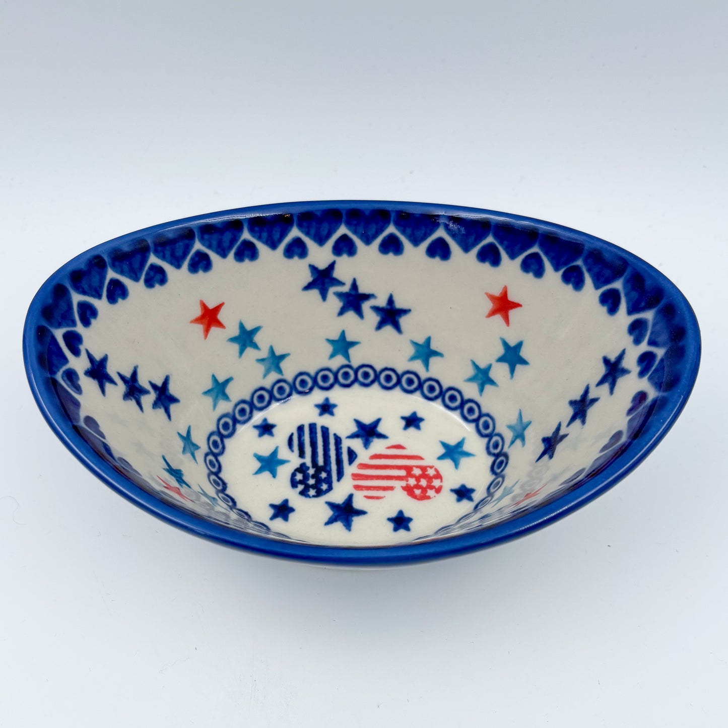 6” Oval Tub Bowl.  Hand crafted Polish pottery stoneware:  UNIKAT Stars and Stripes Pattern