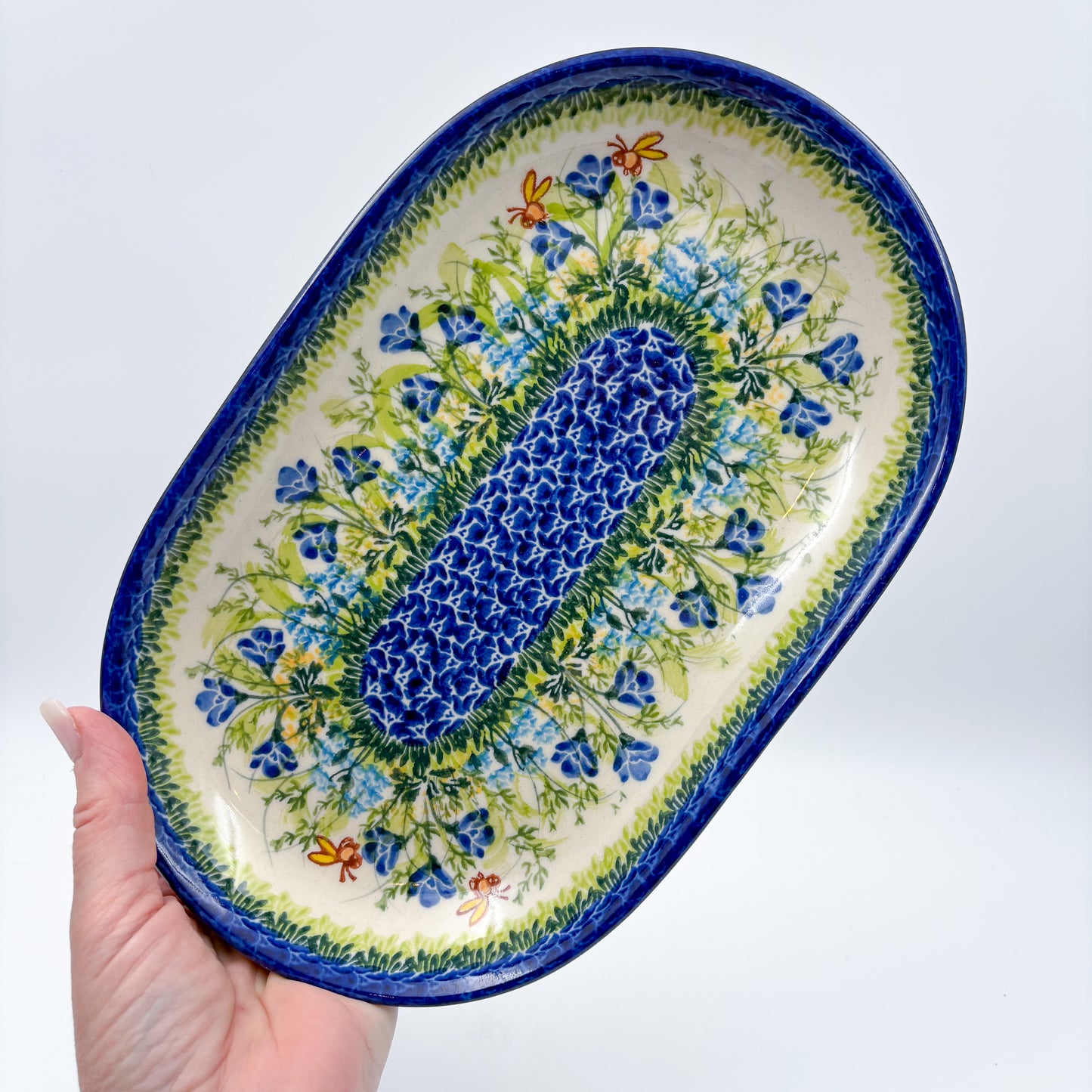 10” Oval Platter.  Hand crafted Polish pottery stoneware: UNIKAT Bluebell Meadow