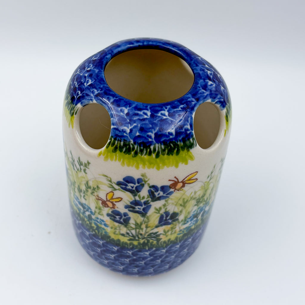 5” Toothbrush/Makeup Holder.  Hand crafted Polish pottery stoneware: UNIKAT Bluebell Meadow Design