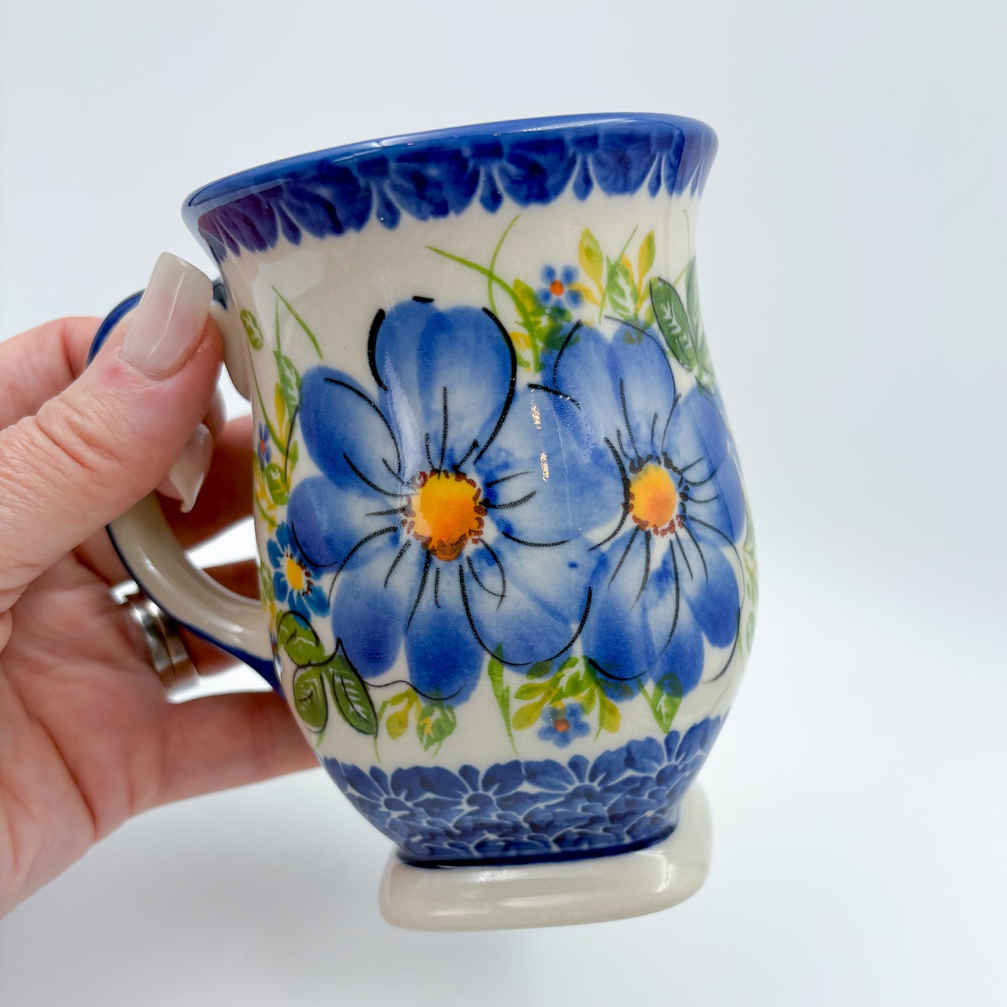 Tulip Mug 10oz. Handcrafted Polish pottery stoneware:  UNIKAT Blue Daisy
