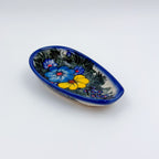 Spoon Rest 5”.  Handmade Polish pottery.  UNIKAT Forget Me Not Pansy Pattern