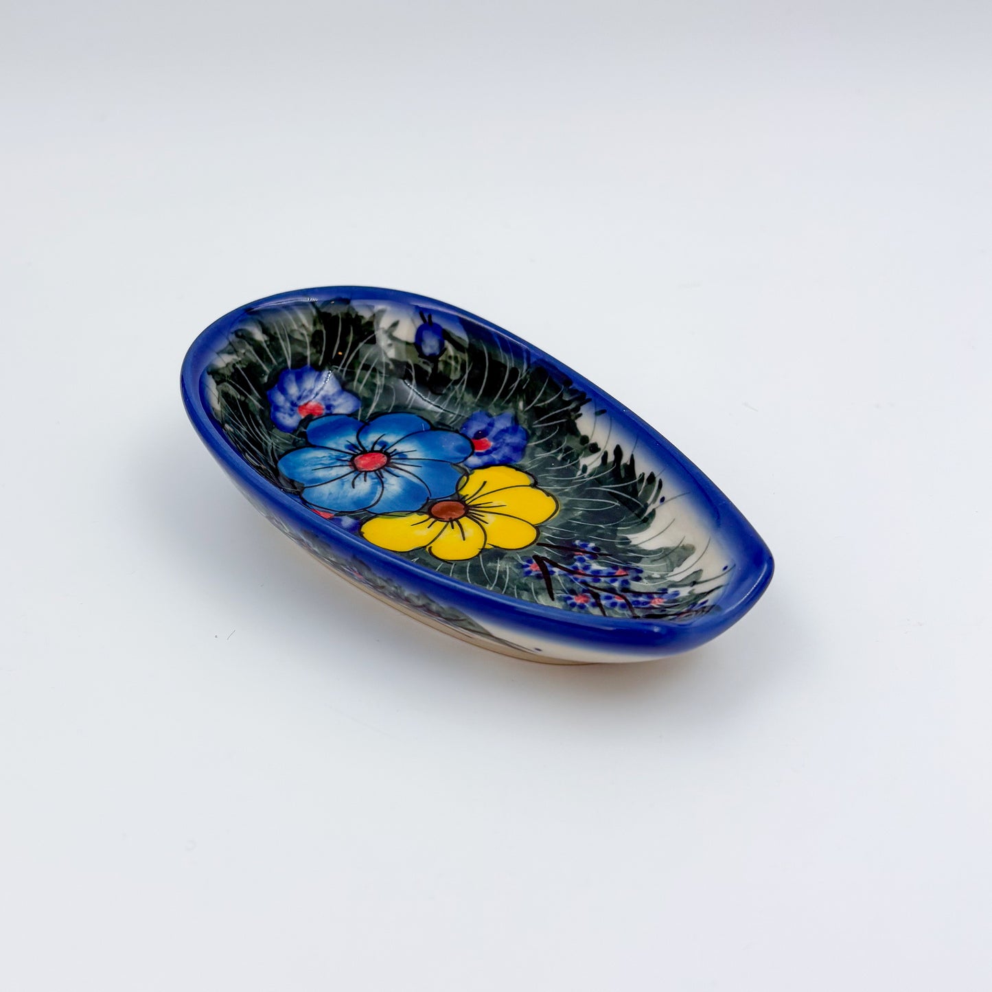 Spoon Rest 5”.  Handmade Polish pottery.  UNIKAT Forget Me Not Pansy Pattern
