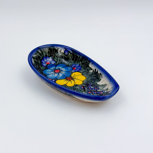 Spoon Rest 5”.  Handmade Polish pottery.  UNIKAT Forget Me Not Pansy Pattern