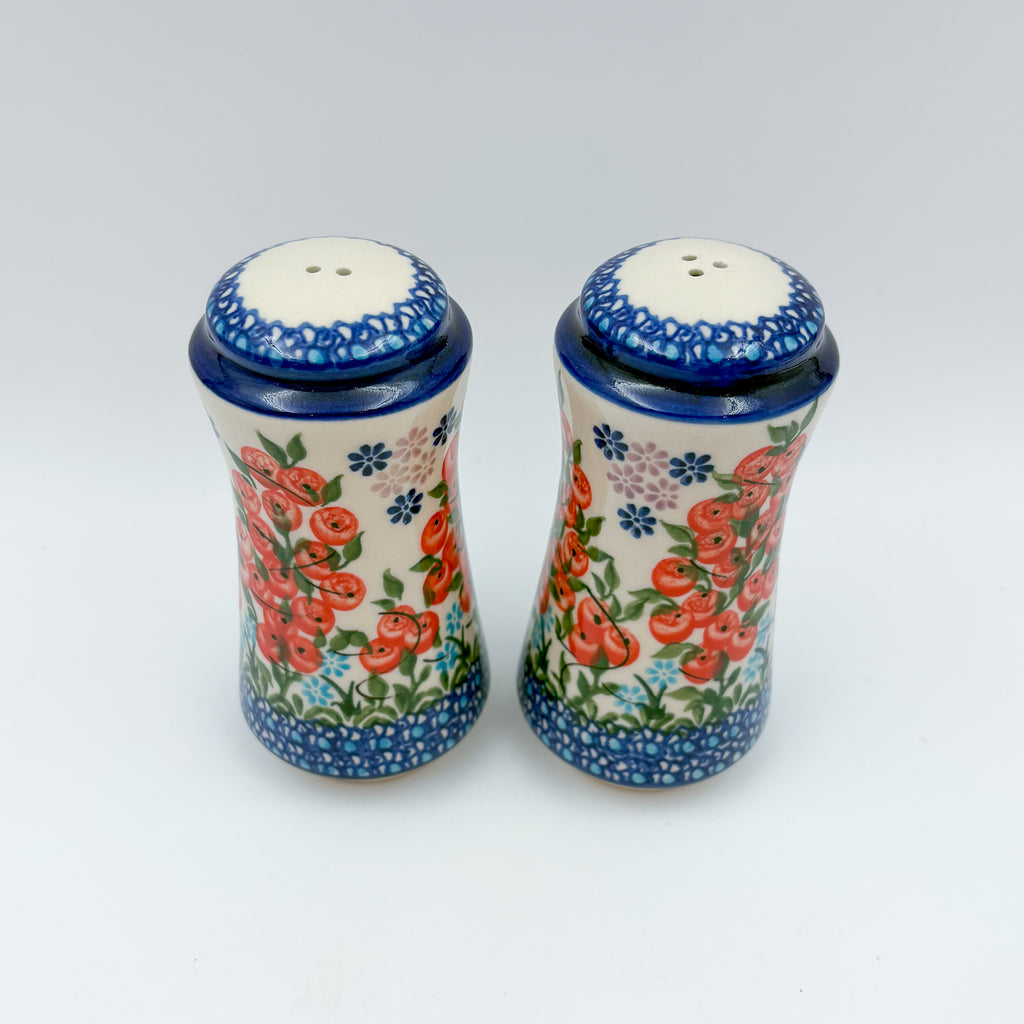5” Salt and Pepper Shakers.  Handmade Polish pottery.  UNIKAT Red Berry