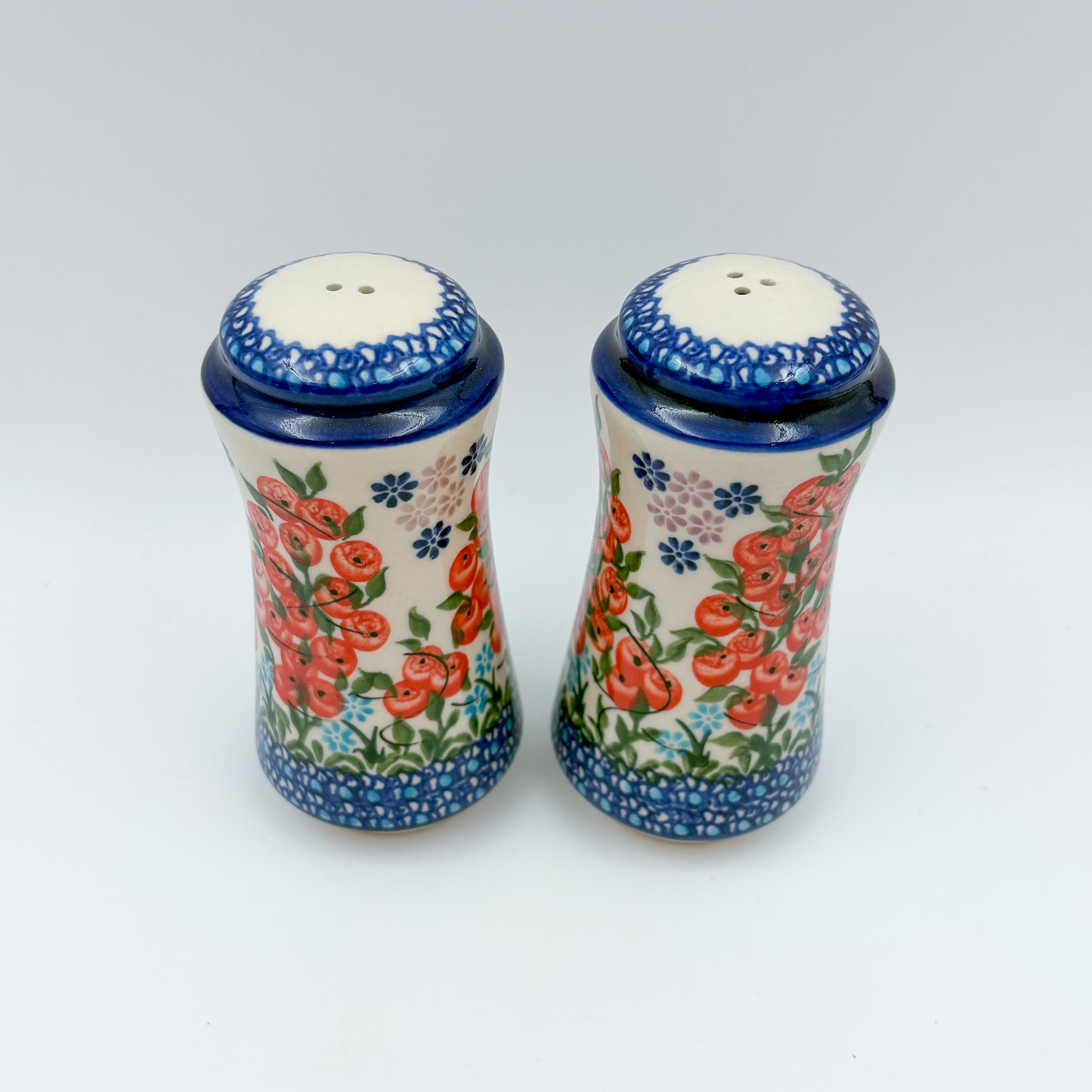 5” Salt and Pepper Shakers.  Handmade Polish pottery.  UNIKAT Red Berry