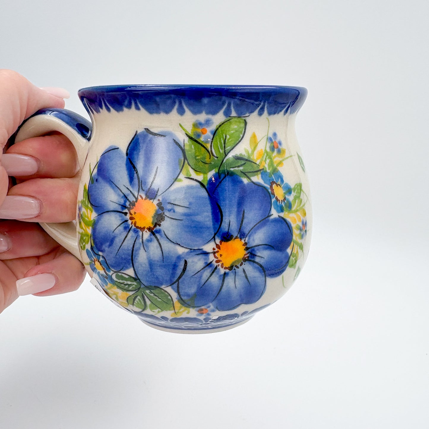 10 oz Bubble Mug. Handcrafted Polish pottery stoneware:  UNIKAT Blue Pansy