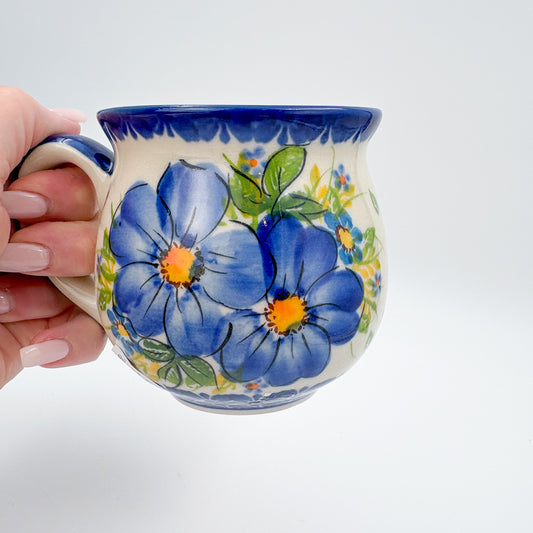 10 oz Bubble Mug. Handcrafted Polish pottery stoneware:  UNIKAT Blue Pansy