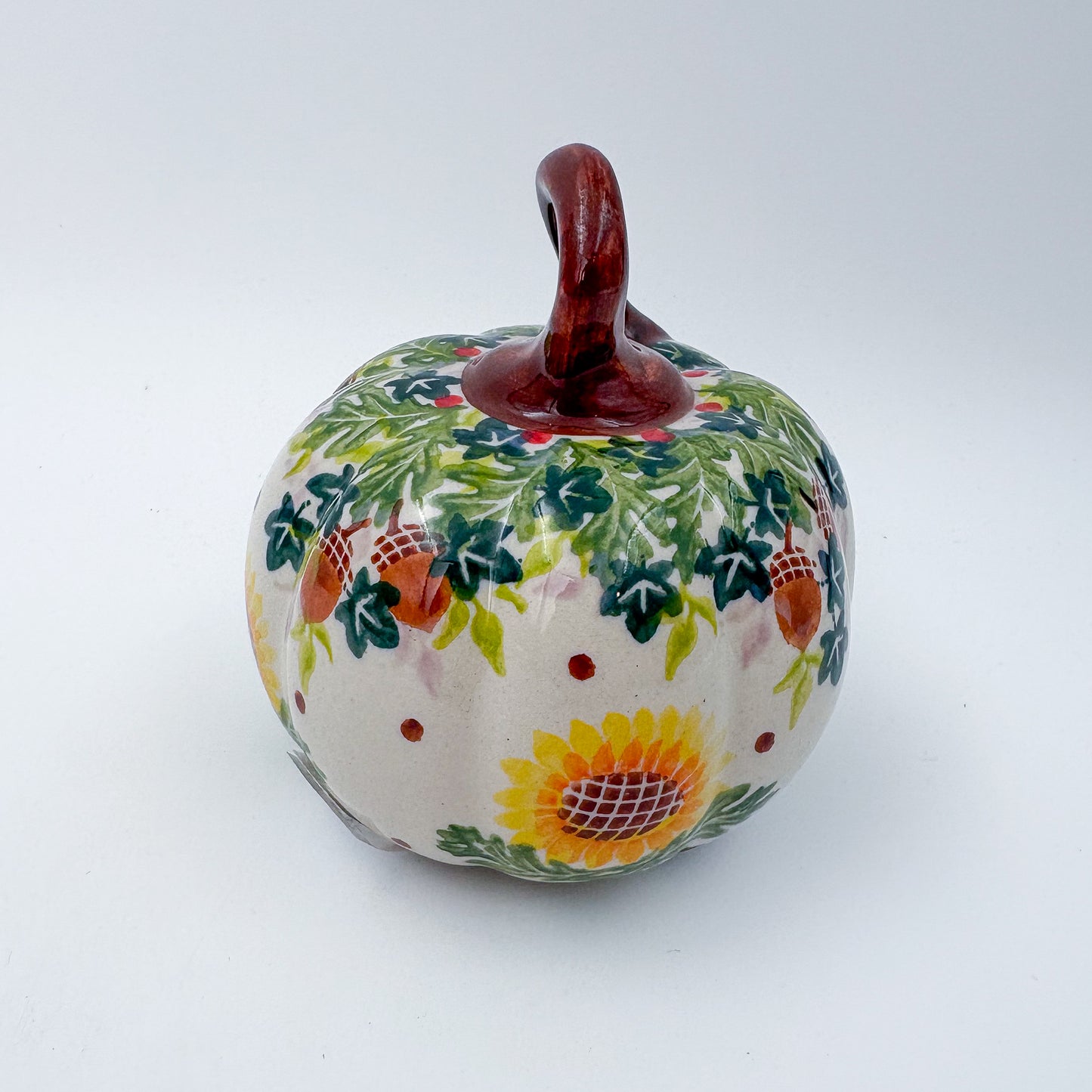 Pumpkin Mini 3.5"  Hand crafted Polish pottery stoneware: UNIKAT Sunflower and Acorn