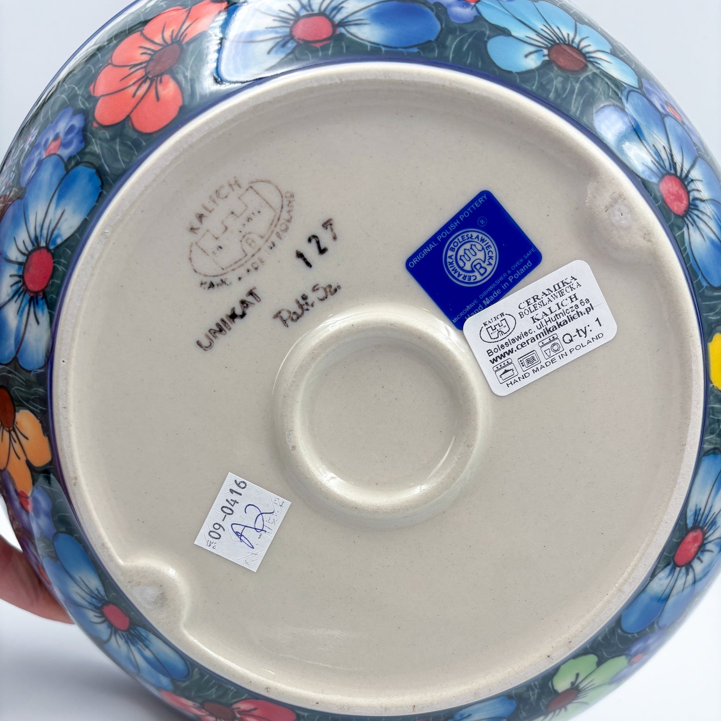 10" Bowl with Handles. Hand crafted Polish pottery stoneware:  UNIKAT Forget Me Not Pansy Pattern