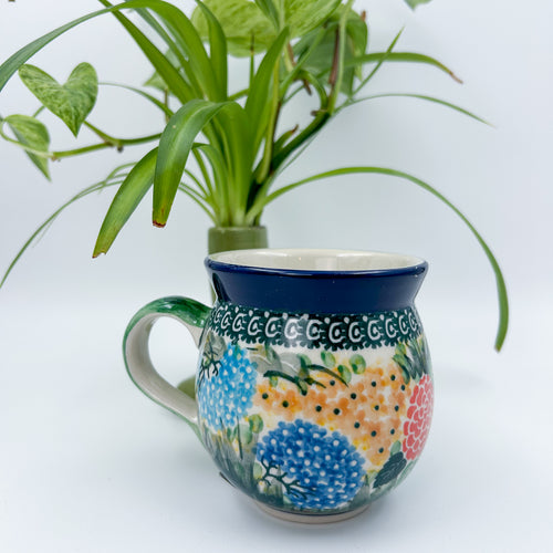 Spring Garden bubble mug on white background, front view showing hydrangea pattern
