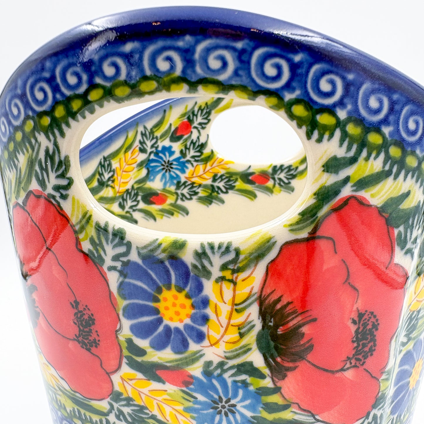 Basket Container & Utensil Med.  Handmade Polish pottery.  UNIKAT Garden Poppy Design