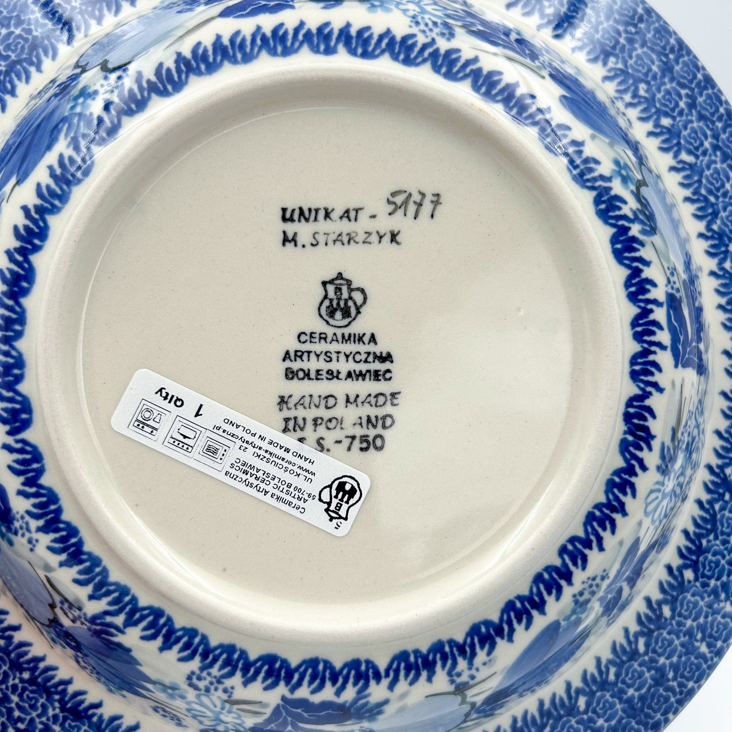 9” Pasta  Bowl.  Hand crafted Polish pottery stoneware: UNIKAT Blue Wildflower Patch